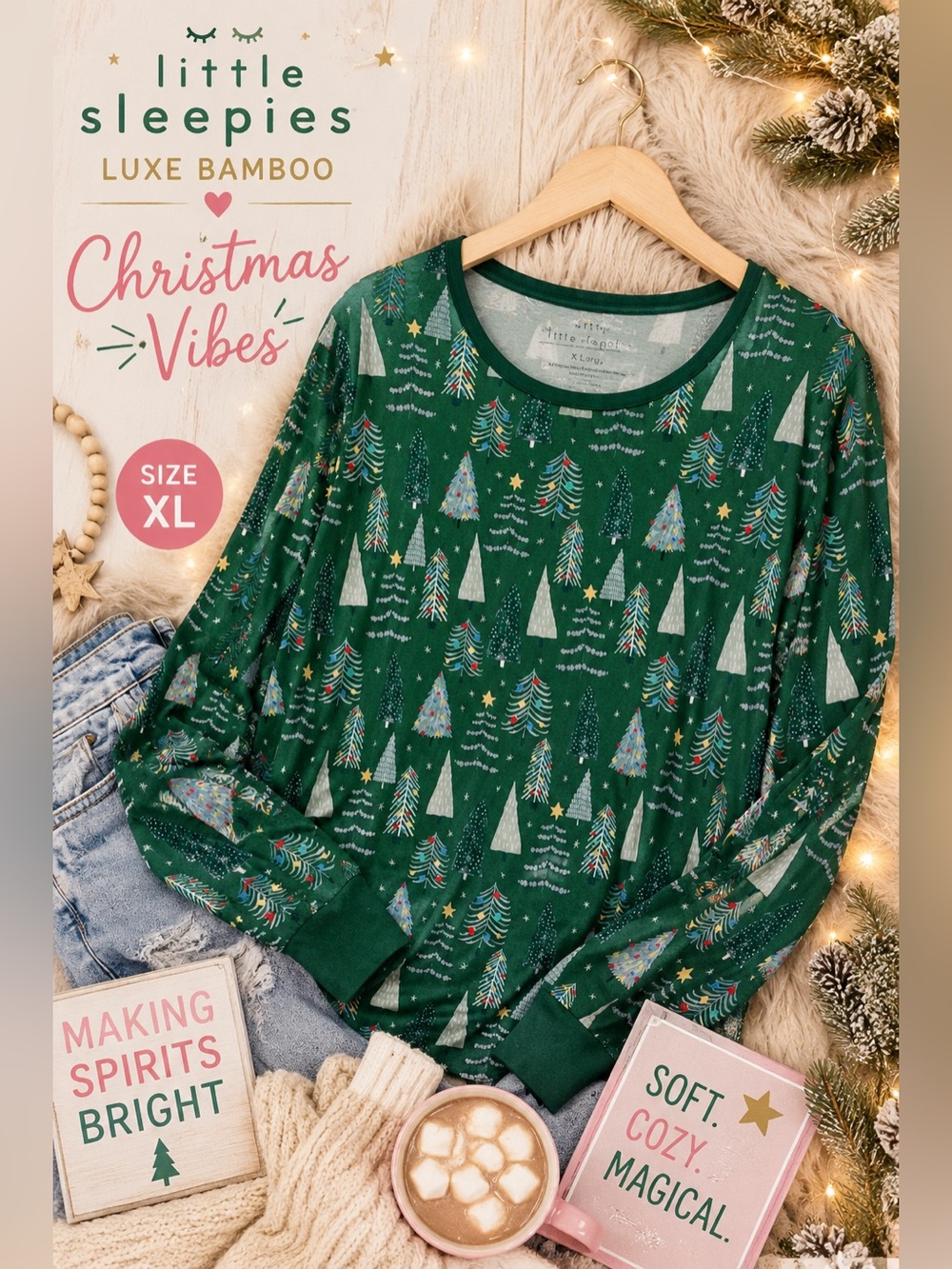 Little Sleepies Luxe Bamboo Christmas Tree Pajama Top XL Holiday Lounge Shirt